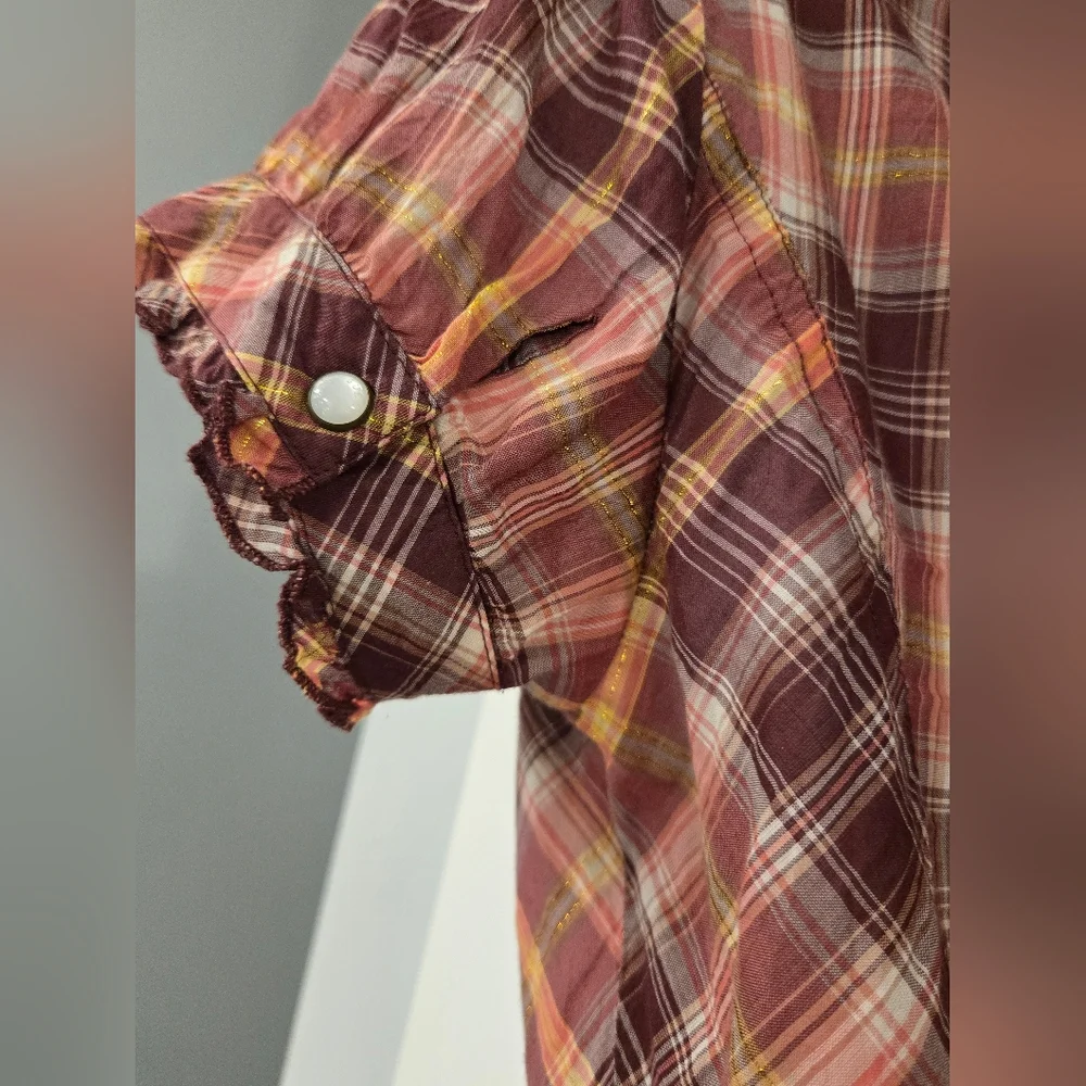 Guess Plaid V-Neck Button-down Shirt With Ruffles size XS. - Picture 6 of 12
